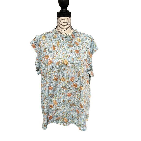 Melloday Womens Blue Floral Flutter Sleeve  Top‎ Sz. Large Spring Vacati… - Picture 1 of 8